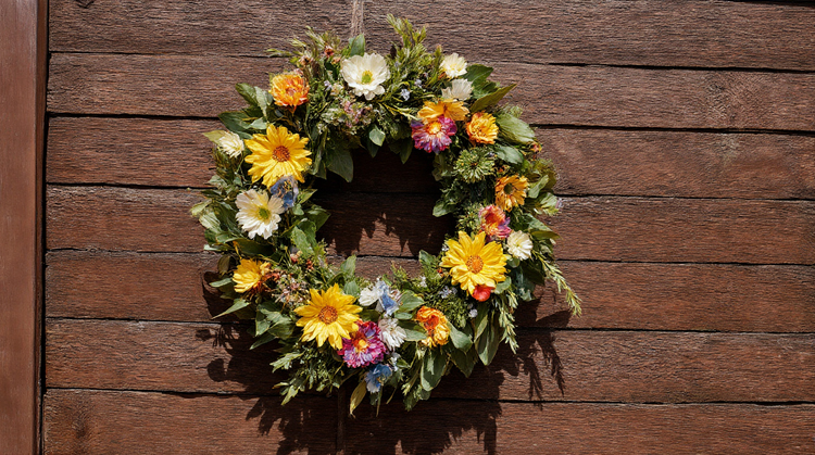 Classic summer floral door wreath with sunflowers and eucalyptus