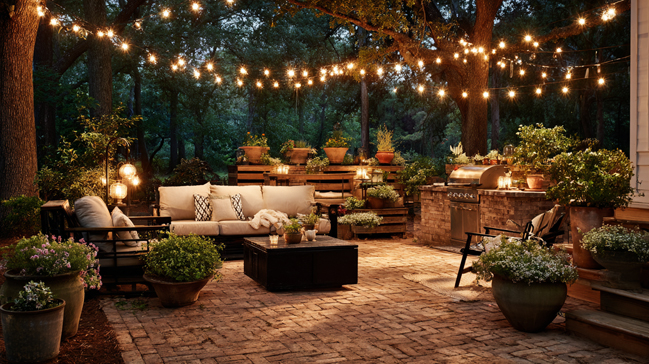 Beautifully lit outdoor BBQ area with string lights, potted herbs, and comfortable seating arrangement