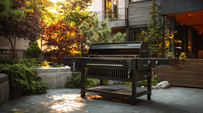 High-performance charcoal grill with adjustable grates and rotisserie feature in modern backyard setting"